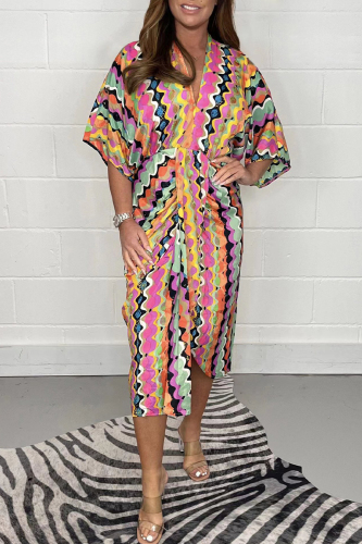 Colour Casual Geometric Print Patchwork V Neck Shirt Dress Dresses