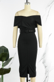 Black Casual Solid Patchwork With Belt V Neck Dresses