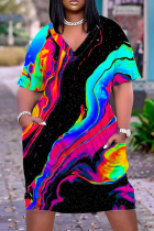 Black Casual Print Patchwork Basic V Neck Short Sleeve Dress