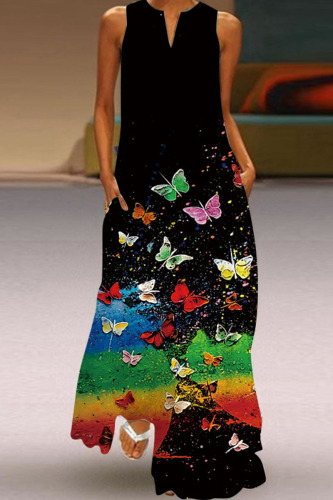 Black Casual Elegant Print Patchwork V Neck A Line Dresses