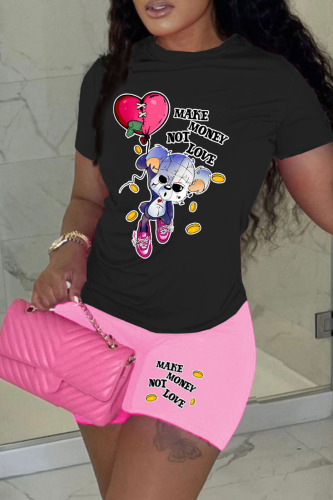Pink Casual Print Patchwork O Neck Short Sleeve Two Pieces