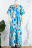 Blue Bohemian Vacation Print Patchwork V Neck Printed Dress Short Sleeve Dress