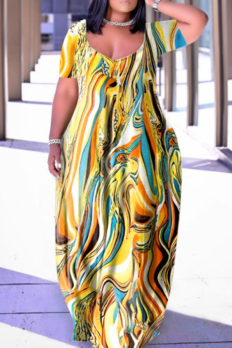 Yellow Casual Print Basic V Neck Short Sleeve Dress Dresses