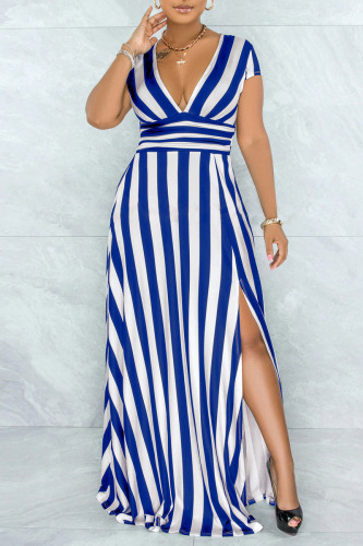 Blue Sexy Striped Print Patchwork Slit V Neck A Line Dresses