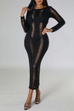 Pink Casual Solid Ripped Hollowed Out O Neck Long Sleeve Dresses