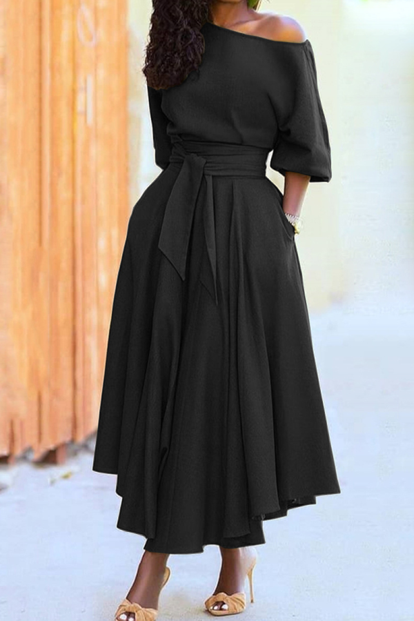 Black Fashion Elegant Solid With Belt Oblique Collar Waist Skirt Dresses