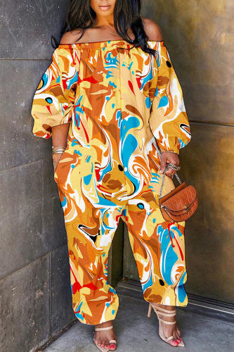 Earth Yellow Casual Print Patchwork Off the Shoulder Regular Jumpsuits