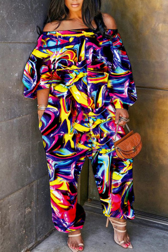 Dark Blue Casual Print Patchwork Off the Shoulder Regular Jumpsuits