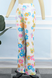 White Casual Print Basic Regular High Waist Conventional Full Print Trousers