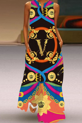 Orange Black Casual Elegant Print Patchwork V Neck A Line Dresses