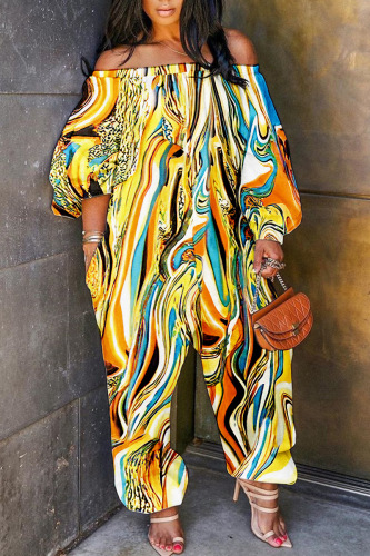 Yellow Casual Print Patchwork Off the Shoulder Regular Jumpsuits
