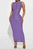 Purple Sexy Casual Solid Hollowed Out O Neck Long Dress Dresses