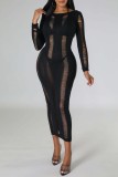 Pink Casual Solid Ripped Hollowed Out O Neck Long Sleeve Dresses