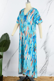 Royal Blue Bohemian Vacation Print Patchwork V Neck Printed Dress Short Sleeve Dress