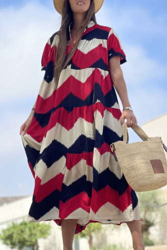 Red Stripe Vintage Elegant Geometric Print Patchwork O Neck A Line Dresses