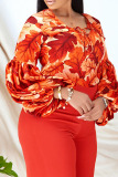 Tangerine Red Casual Print Patchwork Frenulum V Neck Long Sleeve Two Pieces