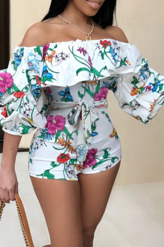 White Fashion Sexy Print Patchwork stringy selvedge Half Sleeve one word collar Rompers