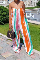Colour Casual Simplicity Striped Printing Contrast Spaghetti Strap Straight Jumpsuits