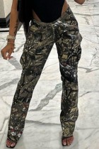 Grey Casual Print Basic Regular Mid Waist Conventional Full Print Trousers