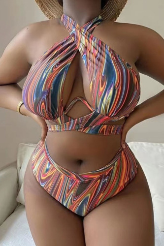 Colour Sexy Print Bandage Patchwork Halter Plus Size Swimwear