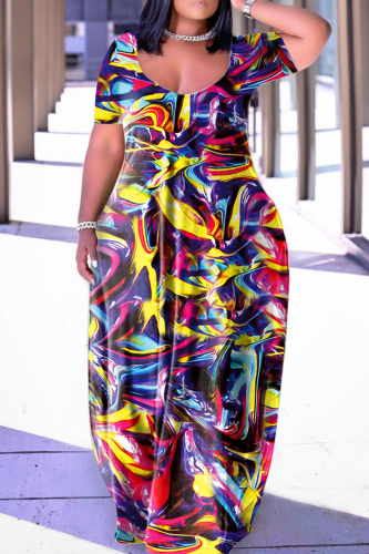 Multicolor Casual Print Basic V Neck Short Sleeve Dress Dresses