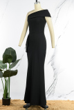 Black Sexy Solid Patchwork Asymmetrical Oblique Collar Long Dress Dresses