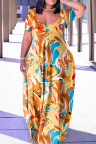 Orange Casual Print Basic V Neck Short Sleeve Dress Dresses