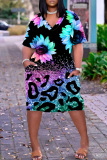 Multicolor Casual Print Patchwork Basic V Neck Short Sleeve Dress