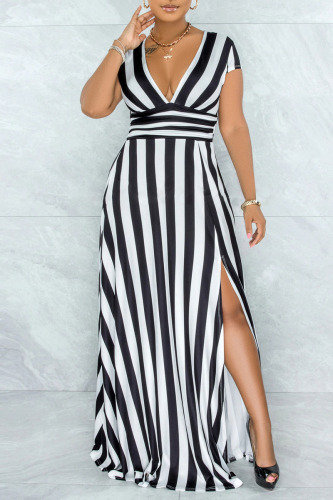 Black Sexy Striped Print Patchwork Slit V Neck A Line Dresses