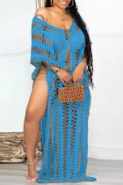 Sky Blue Casual Patchwork Hollowed Out See-through Slit Swimwears Cover Up
