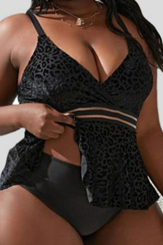 Black Sexy Solid Patchwork Spaghetti Strap Plus Size Swimwear