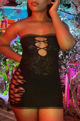 Black Sexy Solid Hollowed Out Backless Strapless Wrapped Skirt Dresses