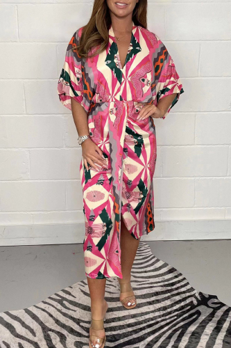 Deep Pink Casual Geometric Print Patchwork V Neck Shirt Dress Dresses