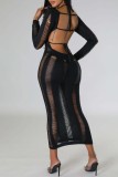 Black Casual Solid Ripped Hollowed Out O Neck Long Sleeve Dresses