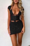 Black Sexy Solid Bandage Hollowed Out Short Sleeve Two Pieces