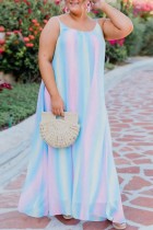 Light Blue Sexy Casual Striped Print Backless Spaghetti Strap Long Dress Plus Size Dresses