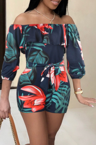 Navy Blue Fashion Sexy Print Patchwork stringy selvedge Half Sleeve one word collar Rompers
