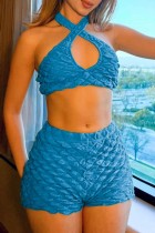Blue Sexy Casual Solid Backless Halter Sleeveless Two Pieces