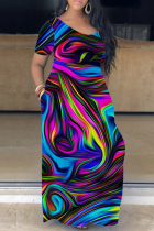 Purplish Blue Casual Print Basic V Neck Short Sleeve Dress