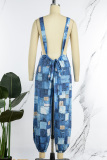 Blue Sexy Print Patchwork Backless Straight Jumpsuits