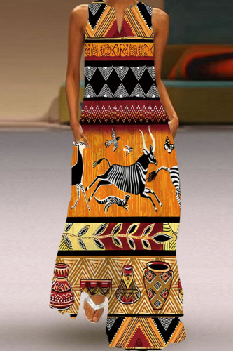 Dark Yellow Casual Elegant Print Patchwork V Neck A Line Dresses
