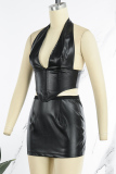 Black Sexy Solid Patchwork Asymmetrical Zipper Halter Sleeveless Two Pieces