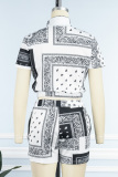 Black Casual Print Patchwork Zipper Collar Short Sleeve Two Pieces