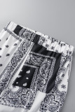 Black Casual Print Patchwork Zipper Collar Short Sleeve Two Pieces