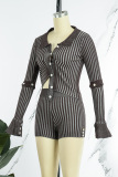 Deep Coffee Sexy Striped Print Patchwork Buckle Asymmetrical Turndown Collar Long Sleeve Two Pieces