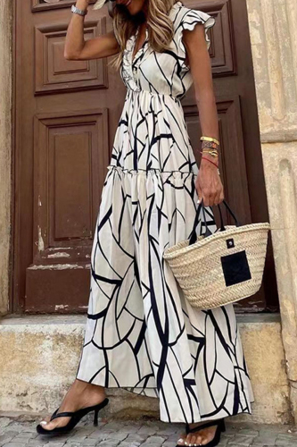 White Street Geometric Printing Stringy Selvedge V Neck Irregular Dress Dresses