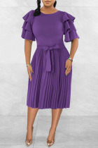 Purple Casual Solid Bandage Patchwork Fold O Neck A Line Dresses