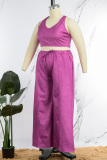 Rose Purple Casual Solid Vests Pants O Neck Plus Size Two Pieces