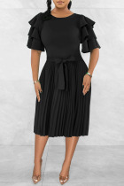 Black Casual Solid Bandage Patchwork Fold O Neck A Line Dresses