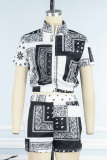 Blue Casual Print Patchwork Zipper Collar Short Sleeve Two Pieces